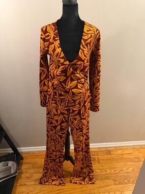 Zara Rust and Mustard Floral Long-Sleeve Jumpsuit
